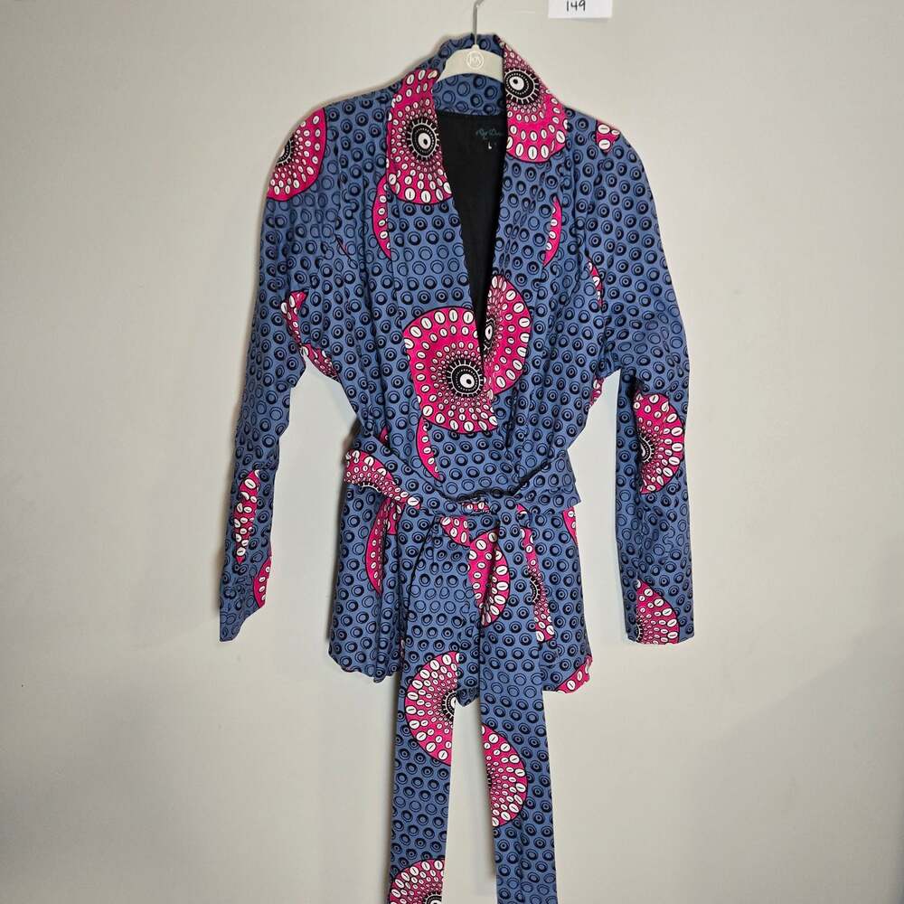 Ray Darten Women's Blue and Pink Geometric African Print Wrap Jacket with Belt